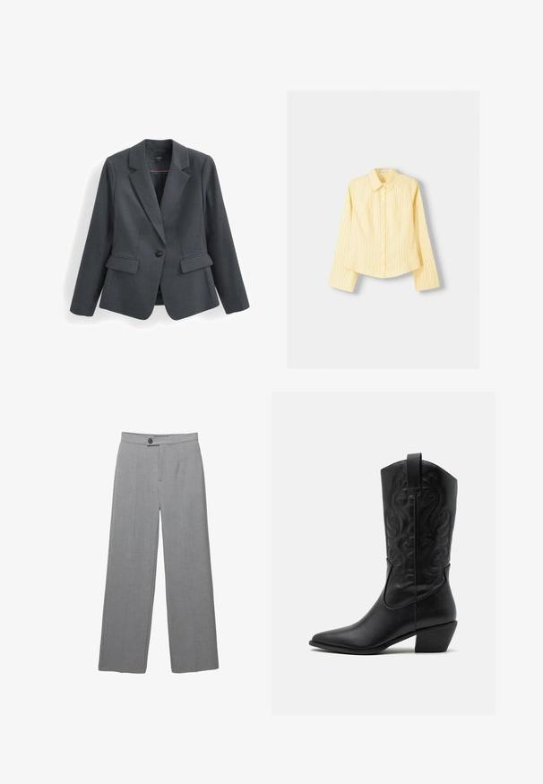 Ciemnoszara marynarka wykonana z fakturowanej tkaniny, z zapięciem na jeden guzik, klapami oraz dwoma przednimi kieszeniami. Podszewka wewnętrzna.; Żółta koszula w paski z długimi rękawami, z ostrym kołnierzykiem i zapięciem na guziki z przodu. Posiada pionowe niebieskie paski i dopasowany krój.; Szare dopasowane spodnie o szerokich nogawkach, z płaskim przodem i subtelnie chropowatą fakturą. Posiadają pojedyncze zapięcie na guzik oraz czyste linie.; Czarne skórzane kowbojki z szpiczastym noskiem, z embosowanymi spiralnymi wzorami i średnim obcasem. Posiadają pętelkę do łatwego zakładania.