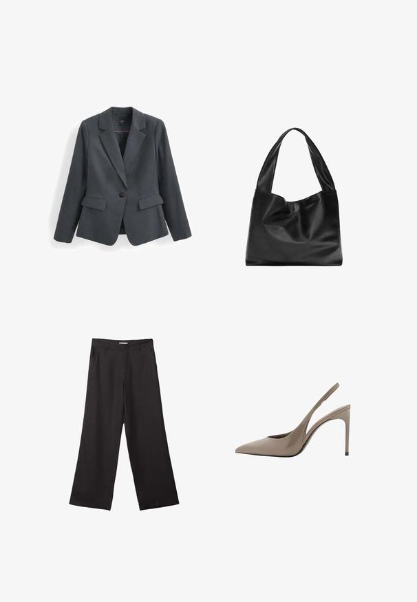 Mörkgrå kavaj av strukturerad tyg, med enkel knappknäppning, räfflade reverser och två framfickor. Fodrat innertyg.; Vit t-shirt som är gjord av mjukt, lätt tyg. Har en rund halsringning och korta, vida ärmar med en avslappnad passform. Inga synliga mönster.; Svarta vida byxor i slät väv, med dragkedja fram och två sidofickor, med skräddarsydd passform och minimalistisk design.; Beiga patenterade läder sandletts med spetsig tå och slankt design, med en tunn hög klack och ett urtag på sidan.; Svart läder tote-väska med en mjuk, sluttande design, breda handtag och slät yta. Ingen synlig hårdvara eller utsmyckningar.