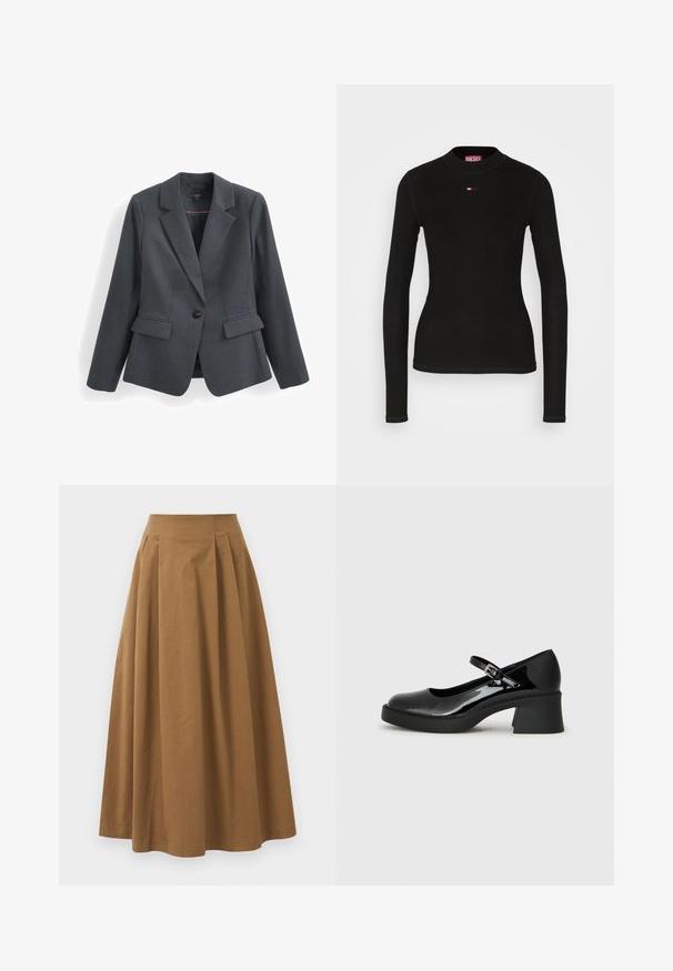 Dark gray blazer made of textured fabric, featuring a single button closure, notched lapels, and two front pockets. Lined interior.; Black long-sleeve top made of ribbed fabric, featuring a round neck and a small red Diesel logo stitched on the chest.; Brown cotton A-line skirt with a high waist, featuring pleats down the front and a smooth texture. Hem finishes are clean and simple.; Black patent leather Mary Jane shoe with a rounded toe, adjustable strap, and a chunky square heel. Features a textured sole.