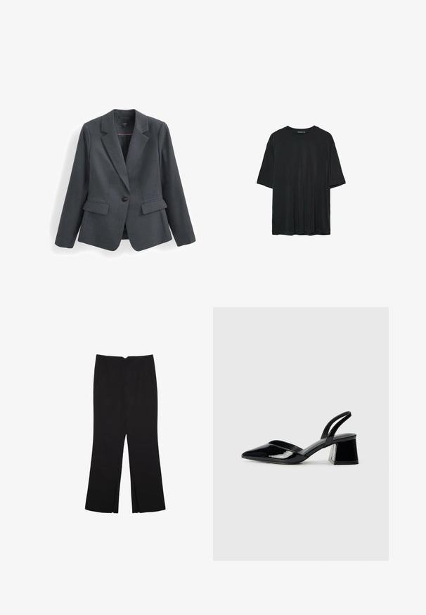 Blazer gris foncé en tissu texturé, avec fermeture à un bouton, revers crantés et deux poches avant. Intérieur doublé.; T-shirt noir à manches courtes en tissu doux, doté d'un col rond et d'une coupe décontractée sans motifs ni accents visibles.; Pantalon noir avec une coupe droite, doté de poches avant et d'éclairs sur l'ourlet. Fabriqué en tissu doux et lisse. Convient à diverses occasions.; Escarpins en cuir verni noir avec bout pointu et talon bloc géométrique. Présente un design élégant et minimaliste ainsi qu'une texture lisse.