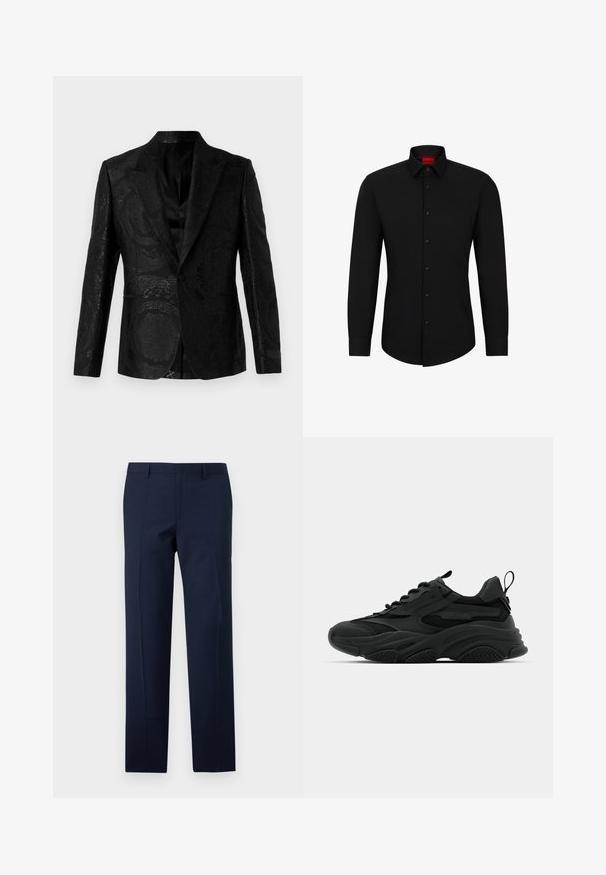 Juodas smokingas su išraiškingu gėlių raštu, lygia tekstūra, smailiu atvartų dizainu, vienu mygtuku užsegimu ir šoninėmis kišenėmis. Prigludęs kirpimas.; Juodas ilgomis rankovėmis marškinis su sagų užsegimu, klasikinė apykaklė ir apvalus kraštas; su juodomis sague ir raudona logo apykaklės viduje.; Tamsiai mėlyni kelnių su pritaikytu siluetu, pasižyminčiomis lygiu tekstūra, ryškiomis klostėmis ir plokščiu priekiu. Paslėptas užtrauktukas.; Juodi sportiniai batai su masyviu padu, tinkliniais elementais ir gumos akcentais. Yra kilpos užtraukimui ant kulno ir tekstūruotais raštais.