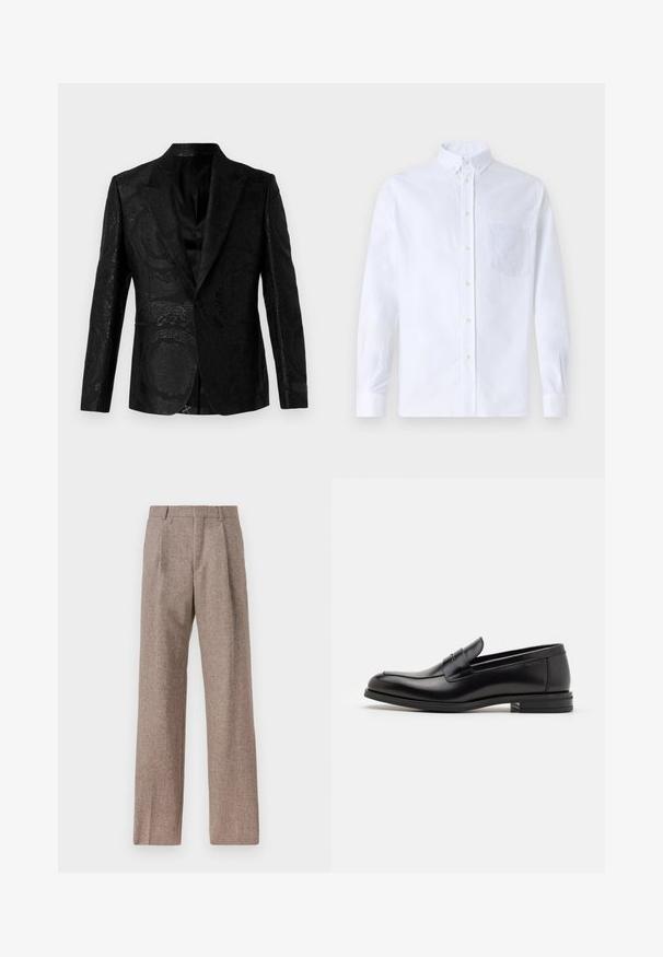 Mustikas tikandiga must ülikond, sile tekstuur, terav krae, ühe nupuga kinnitiv ja küljetaskud. Kohandatud sobivus.; Valge pikamaa varrukatega nööbiga särk, mis on valmistatud puuvillast ja millel on rinna tasku toon-toonis brodeeringuga, krae ja nööbiga mansetid.; Prunnid, kõrge vöökohaga püksid, mis on valmistatud tekstureeritud kangast. Omavad laiu jalgu ja kahte eesmist voldikut struktuuri jaoks. Korralik viimistlus, ilma nähtava riistvarata.; Mustad mustad nahast loafers sileda tekstuuriga, ümarat ninaosa ja dekoratiivne riba vampi üle. Madal kihiline konts, minimalistlik disain.