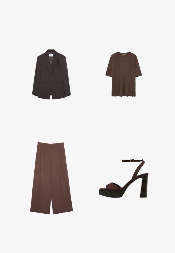 Hnedý blazer s klopovým golierom, jedným gombíkom a štruktúrovanými ramenami. Obsahuje dve predné vrecká a hladké vnútorné podšívku.; Hnedé tričko s krátkym rukávom vyrobené z mäkkej textílie, s okrúhlym výstrihom a uvoľneným strihom. Hladká štruktúra bez vzorov alebo akcentov.; Hnedé nohavice so širokými nohavicami a hladkou textúrou, s vysokým pásom a prednými skladmi. Tkanina je ľahká a voľne sa pohybuje.; Hnedé semišové sandále na vysokom podpätku s otvorenou špičkou, nastaviteľným členkovým remienkom a pruhovanou platformovou podrážkou.
