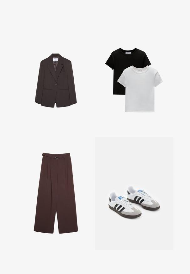 Brun blazer med spidse klapper, enkelt knaplukning og strukturerede skuldre. Har to frontlommer og en glat inderforing.; To crew-neck t-shirts i sort og hvid, lavet af bomuld. De har korte ærmer og et ensfarvet design uden mønstre eller accenter.; Stradivarius WIDE-LEG WITH BUCKLE DETAIL - Bukser - dark brown; Sportsko med en overdel i hvid læder, grå ruskind på tåen og tre sorte striber. Har et blåt logo på tungen og en struktureret gummisål.