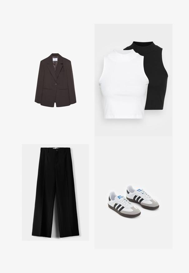 Bruine blazer met een notch-lapel, enkele knoopsluiting en gestructureerde schouders. Heeft twee voorzakken en een gladde binnenvoering.; Twee mouwloze ribgebreide coltruien in zwart en wit, met een slim fit ontwerp en een gladde textuur, met een cropped lengte.; Zwarte wijde broek van lichtgewicht stof, met een knoopsluiting aan de voorkant en een vlakke achterkant, afgewerkt met keurig gestikte zoom.; Sportschoenen met een witte leren bovenkant, grijze suède neus en drie zwarte strepen. Bevat een blauw logo op de tong en een gestructureerde rubberen zool.