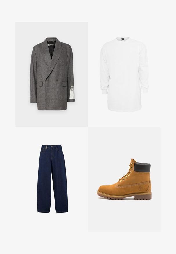 Dvojvratni blejzer v sivi houndstooth vzorcu, izdelan iz teksturirane tkanine. Ima ovratnik s žabico in dve sprednji žepu. Oznaka vidna na rokavu.; Bela bombaža majica z dolgimi rokavi, okroglim izrezom, širokim krojem in rebrastimi manšetami. Enostaven dizajn, brez grafik ali vzorcev.; Opuščene temno modre kavbojke z visokim pasom, sprednjimi žepi in ravnim krojem nog. Vključuje srebrne dodatke in minimalno šivanje.; Svetlo rjave anklne čizme iz semiša z črnim oblazinjenim ovratnikom, zlatimi kovinskimi očesci, belimi šivi in robustnim gumijastim podplatom s izrazitimi tredi.