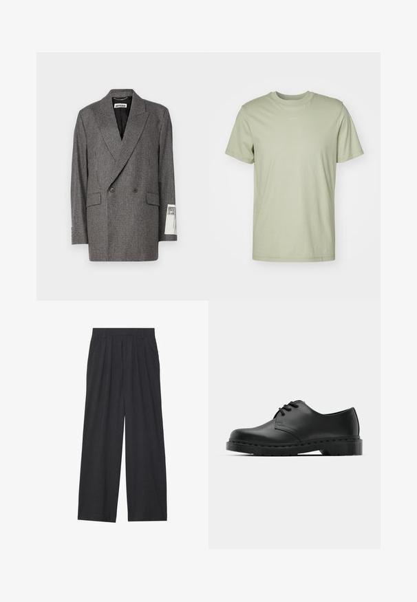 Hallihõlmadega kahe nööbiga bleiser halli hundihammaste mustris, valmistatud tekstureeritud kangast. Omab kihilisi krae ja kahte esitaskut. Silt on nähtav varrukal.; Hõbedane rohelise värvi puuvillane T-särk, ümmarguse kaelusega, lühikeste varrukatega ja keskel rinnal diskreetne brändi logo.; Laiene püksid, mis on valmistatud tumedast hallist kangast. Omavad vööümbrikus voldikuid, on kohandatud disainiga ja sirge siluett.; Mustad musta nahast oksfordi king, millel on paeltega disain, ümar nina, lame kummist tallal ja diskreetne õmblemise detail ülemise osa ääres.