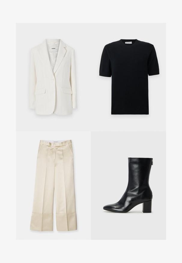 Blazer bianco a righe sottili con collo a punta, chiusura con un solo bottone e due tasche frontali. Tessuto liscio con una leggera lucentezza.; Maglione nero a maniche corte con scollo rotondo a coste e orlo a coste, realizzato in tessuto a maglia liscia con una forma classica e aderente.; Pantaloni a gamba larga beige in tessuto morbido con vita alta, frontale plissettato e orlo ripiegato, dotati di tasche laterali e finitura pulita.; Stivale alla caviglia in pelle nera con punta affusolata e tacco a blocco di 4 cm. Design elegante con cerniera laterale per una facile calzata. Tessuto liscio.