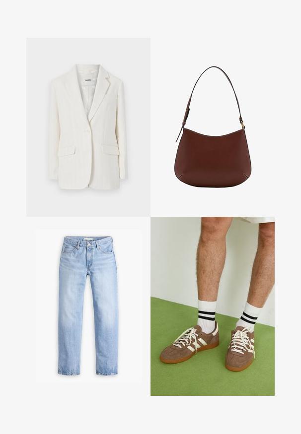 White pinstriped blazer with a notched collar, single-button closure, and two front pockets. Smooth fabric with subtle sheen.; White knit sweater with black horizontal stripes, ribbed cuffs and hem, relaxed fit, crew neckline, and side slits at the waist.; Light blue denim jeans with a straight-leg design, five pockets, and a mid-rise waist. Features a faded texture and stitched hem.; Brown suede sneakers with white accents and laces. Rubber gum sole. Worn with white socks featuring black stripes. Green textured flooring.; Brown leather shoulder bag with a curved silhouette, single strap, contrasting stitching, and minimalistic design.