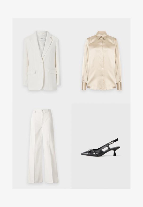 Balts svītrainais žakets ar izgriezumu, vienu pogu un divām priekšējām kabatām. Gluda auduma ar vieglu spīdumu.; Beige satīna krekls ar asām apkaklēm, pilna garuma piedurknēm, ar pogu aizdari un nedaudz spīdīgāka finiša aprocēm. Nav rakstu vai akcentu.; Baltas platfita bikses, izgatavotas no kokvilnas ar gludu tekstūru. Aprīkotas ar priekšējo pogu, rāvējslēdzēju un četru kabatu dizainu.; Melnas ādas šlipsveida kurpes ar norādītu purngalu, dekoratīvām joslām ar metāla acīm un zemu bloku papēdi. Teksturēta virsma.