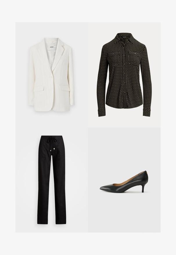 Witte blazer met krijtstreep, met een reverskraag, enkele knoopsluiting en twee voortassen. Gladde stof met een subtiele glans.; Zwarte button-up shirt met een wit vierkant patroon, lange mouwen, kraag en twee voorzakken, gemaakt van een zachte stof.; Zwarte linnen broek met een rechte pijpdesign, voorzien van een trekkoord in de taille en twee zijzakken. Soepele textuur met een minimalistische esthetiek.; Zwarte leren pump met een puntige teen, lage hak en een gladde textuur. Heeft een lichte opening aan de voorkant en minimale hardware aan de achterkant.