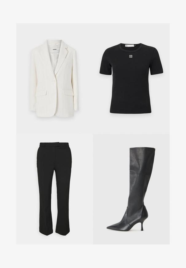 Witte blazer met krijtstreep, met een reverskraag, enkele knoopsluiting en twee voortassen. Gladde stof met een subtiele glans.; Zwarte geribde t-shirt met korte mouwen, een ronde halslijn en een vierkante logodetail op de borst. Zachte textuur en aansluitend ontwerp.; Zwarte op maat gemaakte broeken met een recht gesneden ontwerp, voorzien van riemlussen en zijzakken. Gemaakt van een gladde stof met een nette afwerking.; Kniehoge zwarte leren laarzen met een spitse neus en een slanke stilettohak. Glad textuur met een aansluitend ontwerp en stiksels aan de bovenrand.