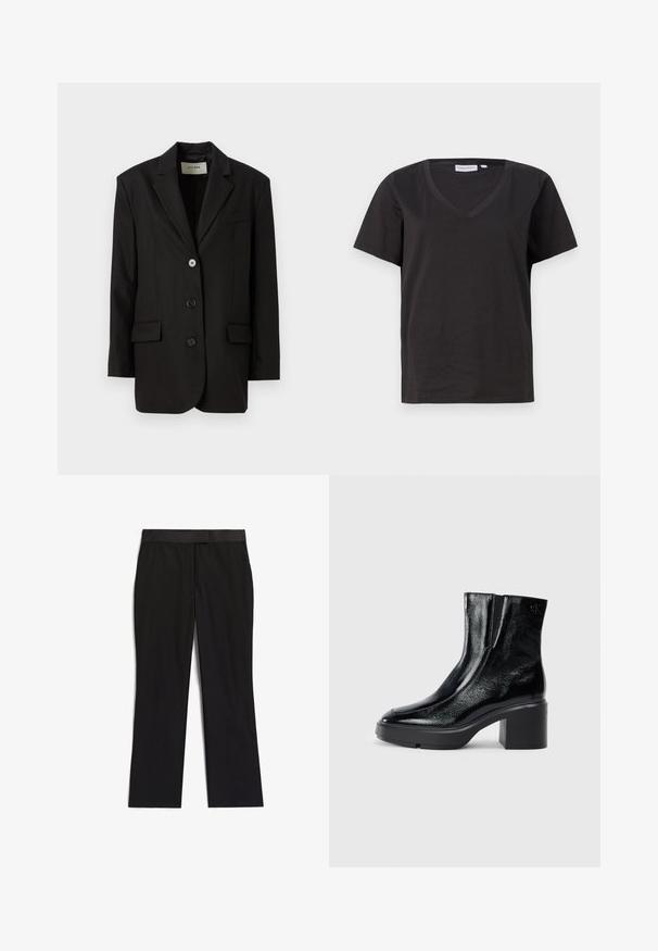Juodas švarkas, pagamintas iš lygaus audinio, su notch tipo apykakle, trimis mygtukais ir dviem priekinėmis kišenėmis. Paprastas, struktūruotas dizainas.; Juodas medvilninis marškinėlis su V formos iškirpte ir trumpomis rankovėmis. Paprastas dizainas, reguliaraus kirpimo, be raštų ar akcentų.; Juodi kelnes su lygiu tekstūros paviršiumi, tiesių kojų dizainu, plokščiu juosmeniu ir jokiomis matomomis detalėmis ar raštais.; Juodi lakiniai auliniai batai iki kulkšnies, su išlenktu pirštu, elastinėmis šoninėmis panelėmis ir masyviu blokuotu kulnu. Apdailoje užpakalinėje dalyje įspaustas logotipas.