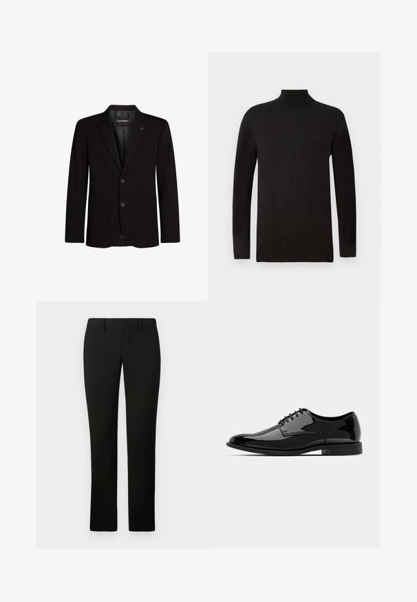 Svart kavaj i slätt tyg, med två framfickor, notch-lapel, tvåknapps-knäppning och en diskret logotypdetalj på kavajslaget.; Svart polotröja i mjukt stickat material. Har långa ärmar och en figurnära design med ribbad krage och fåll. Minimal varumärkesprofil.; Svarta byxor med skräddarsydd passform, med en mjuk textur och rak bendesign. Midjan har bälteshål och en ren finish.; Svart lackläderskor med rund tå, snörning och slät, blank yta. Har en låg gummisula.