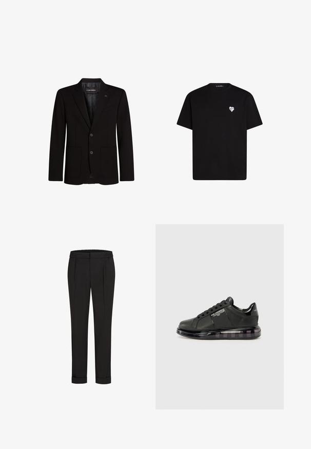 Črn blejzer iz gladkega materiala, z dvema sprednjima žepoma, zareznimi ovratniki, dvogumbnim zapiranjem in diskretno logotipno poudarjeno na ovratniku.; Črna bombažna majica s kratkimi rokavi, okroglo izreza in majhnim belim srčkom natisnjenim na levem prsnem delu.; Črne hlače z elastičnim pasom, s pravimi nogavicami in zavihanimi manšetami. Narejene so iz gladkega, tkanega materiala brez vzorcev.; Črne snežne čevlje z gladkim usnjenim zgornjim delom, zaobljenim toeom in vezalnim dizajnom. Imajo prozoren, oblazinjen podplat z temnim gradijentom.