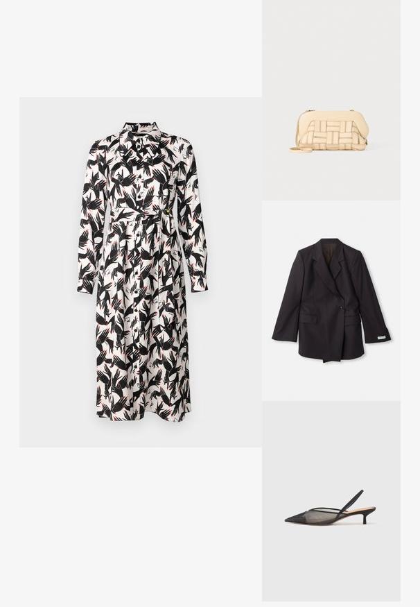 Fekete, duplán gombolt blézer sima anyagból. Kivágott hajtókákkal, két elülső zsebbel és gombdíszítéssel a ujjakon.; Diane von Furstenberg GIZELLE DRESS - Nappali ruha - ivory; NEOUS IRENA - Klasszikus sarkú cipők - black; Szőtt bézs táska, amelynek struktúrált kialakítása van, sima tetejével és hosszú pántjával. A texturált részletek fokozzák az összhatást.