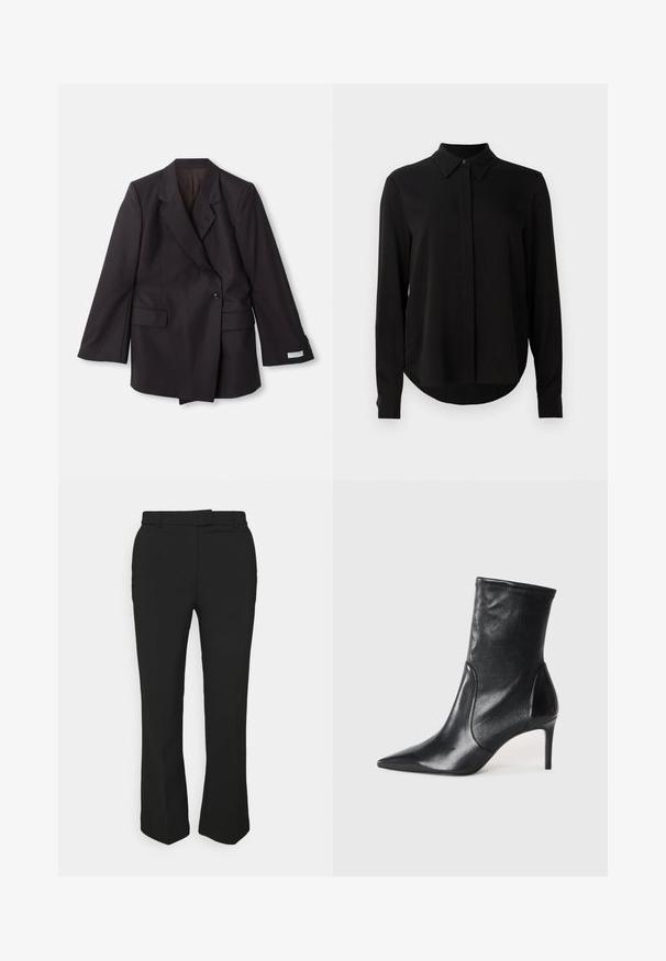 Juodas, dvigubos sagos švarkas, pagamintas iš lygaus audinio. Įrengti įpjovos apykaklės, dvi priekinės kišenės ir sagų detalės ant rankovių.; Juoda ilgomis rankovėmis blusa su smailiu apykakle, paslėptu mygtukų užsegimu ir kreivu hemu ant vientiso balto fono.; Juodos pritaikytos kelnės su tiesiomis kojomis, su diržo kilpos ir šoninėmis kišenėmis. Pagamintos iš lygios medžiagos su švariu apdailu.; Juodi kulkšneliai, pagaminti iš lygaus odos, su smailiu nosiu, prigludusia ašimi ir siauru aukštu kulnu. Minimalistinis dizainas be matomų detalių.