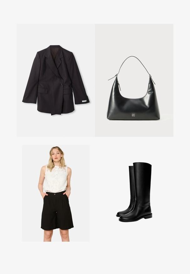 Čierny dvojradový blejzer vyrobený z hladkej tkaniny. Obsahuje klopové límce, dve predné vrecká a gombíkovú ozdobu na rukávoch.; Biely top bez rukávov vyrobený z ľahkej textílie. Má zaoblený výstrih a široké ramenné otvory, s hladkou textúrou a minimálnym dizajnom.; Biele čipkované bezrukávové tričko s gombíkovým výstrihom, spárované s čiernymi šortkami s vysokým pásom, ktoré majú bočné vrecká a voľný strih.; Čierne kožené čižmy po kolená s hladkým povrchom, okrúhlou špičkou, plochou podrážkou a minimalistickým dizajnom, so šitými švami a bez viditeľných kovových súčastí.; Čierna hladká kožená taška na rameno s prehnutým vrchom, jedným popruhom, zipsovým uzáverom a malým strieborným logom na prednej strane.