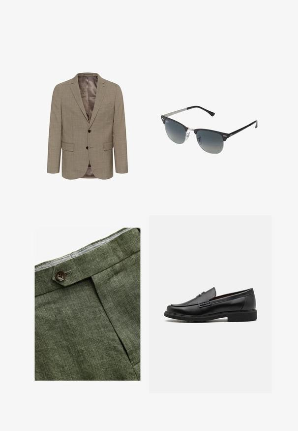 Svetlohnedý blazer s textúrovaným vzorom, s jedným radom gombíkov, dvoma prednými vreckami a hladkým podšívkou.; Svetlomodrá košeľa s dlhým rukávom a gombíkmi, s klasickým golierom, rovnými okrajmi a jemnou textúrou. Obsahuje centrálny gombíkový zapínací systém.; Olivové ľanové nohavice s predným záhybom, so zapínaním na gombík a kontrastnou kockovanou podšívkou na pase.; Čierne syntetické poltopánky s výrazným prešitým predným detailom, vycpanou vnútornou stielkou a plochou gumovou podrážkou; elegantný dizajn s minimálnym zdobením.; Čierne a strieborné slnečné okuliare v tvare mačacích očí so stupňovými šošovkami a kovovými akcentmi na ráme. Plastové nožičky s šedými koncami.