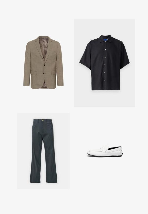 Blazer bej deschis, cu un model texturat, design cu un singur nasture, două buzunare frontale și un căptușel interior neted.; Cămașă neagră cu mânecă scurtă, confecționată dintr-un material ușor, având guler în vârf și închidere frontală cu nasturi albi.; Pantaloni negri cu croi drept, confecționați dintr-un material din bumbac. Dispun de un închidere cu nasture metalic și buzunare laterale. Fără modele vizibile.; Loaferi din piele albă, cu un finisaj neted, prezentând un detaliu cusut, vârful rotunjit și o talpă din cauciuc negru pentru aderență.