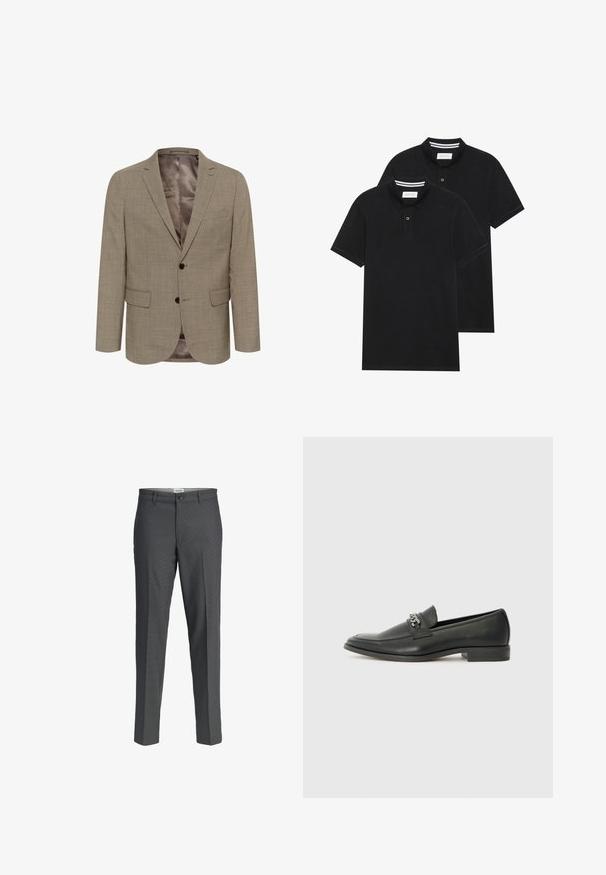 Svetlohnedý blazer s textúrovaným vzorom, s jedným radom gombíkov, dvoma prednými vreckami a hladkým podšívkou.; Dvé čierne polo tričká, krátke rukávy, vyrobené z bavlny, s klasickým golierom, dvojitým gombíkom a bielymi pruhmi vo vnútri goliera.; Sivé nohavice s rovnými nohavicami, vyrobené z hladkého materiálu. Obsahujú zapínanie na gombík a dve predné vrecká.; Čierne kožené loafers s hladkým povrchom, s prešitým dizajnom a dekoratívnym kovovým reťazovým akcentom cez priehlavok. Plochý podpätok.