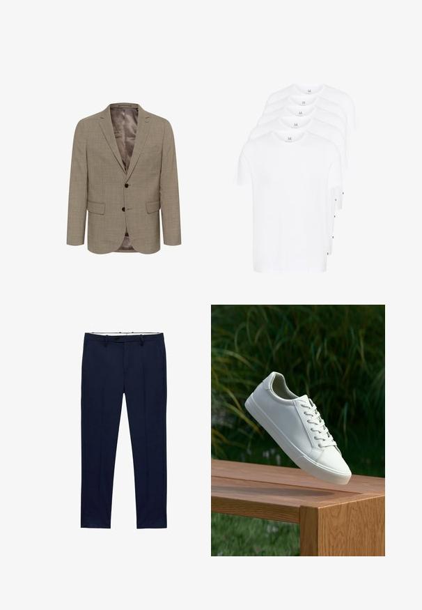 Vaaleanruskea bleiseri, jossa on kuviollinen pinta, yksirivinen malli, kaksi etutaskua ja sileä sisävuori.; Valkeat lyhythihaiset t-paidat pinottuna, valmistettu puuvillasta. Ominaisuuksina pyöreä kaula-aukko ja suora leikkaus. Kangas näyttää sileältä ilman kuvioita.; Tummansiniset housut, joissa on kapea malli ja viivoituskuvio. Varustettu vetoketjulla, vyölenkeillä ja etutaskuilla. Sujuva kangas.; Valkoiset nauhalla kiinnitettävät lenkkarit leijuvat puupenkillä, taustalla vihreää kasvillisuutta, tuoden esiin kengän muotoilua ja pintarakennetta.