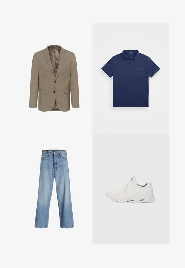 Šviesiai rudas švarkas su tekstūriniu raštu, vieno sagos dizainu, dviem priekininėmis kišenėmis ir lygiu pamušalu.; Tamsiai mėlynas polo marškinėliai su trumpu apykakle, krūtinės kišene ir siuvinėjimu. Pagaminti iš minkštos, tekstūruotos medžiagos.; Šviesiai mėlynos plačios džinsinės kelnės, pagamintos iš džinsinio audinio, su aukštu liemeniu, klasikiniu penkių kišenių dizainu ir mygtuko uždarymu su užtrauktuku.; Baltos sportinės detalės batai su tekstūruotu megztu viršumi, plokščiais raišteliais ir paminkštintu padu, kuriame matomos oro kameros papildomam palaikymui.