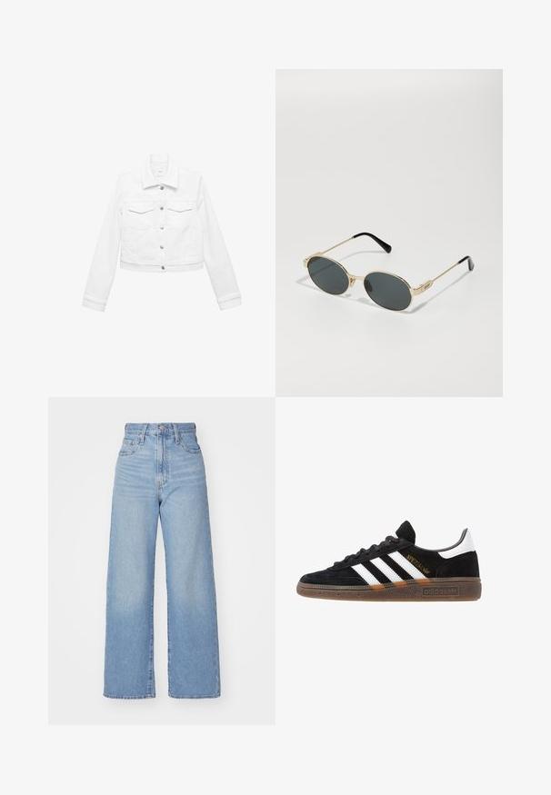 Hvid denimjakke med lange ærmer, knaplukning foran og to brystlommer. Croppet design, glat tekstur, minimalistisch stil.; Hollister Co. SLIM SHIRTING - Skjortebluser - white; Lyseblå højtaljede bukser med bred benåbning, med frontknap og lynlås, samt for- og baglommer, på en hvid baggrund.; Sort Adidas sneakers med hvide striber, guld "Spezial" tekst, gummisål og hvid hælflap, vist i profil.; Guldmetal solbriller med ovale linser og mørktonede linser. Sorte acetat tip på stængerne. Mærkenavnet "QUAY" på siden.; Brun ruskinds skuldertaske med en buet form og en enkelt rem, der har et subtilt logo på forsiden. Baggrunden er ensfarvet hvid.