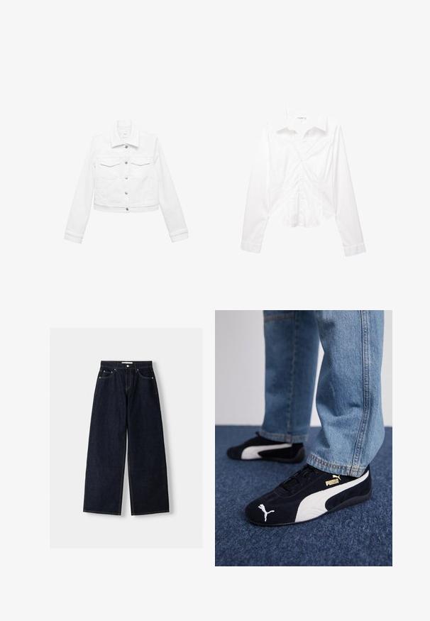 Giacca in denim bianco con maniche lunghe, chiusura a bottoni e due tasche sul petto. Design cropped, tessuto liscio, stile minimalista.; Camicia da donna bianca a maniche lunghe con bottoni, aderente e con colletto, caratterizzata da dettagli delle cuciture delicati e orlo leggermente curvato.; Jeans a gamba larga in denim blu scuro con vita alta, cinque tasche, cuciture a contrasto e hardware in metallo argentato. Texture liscia e finitura pulita.; Sneaker in suede nera con dettagli bianchi, dotate di un logo dorato. Indossate con jeans di denim azzurro e posizionate su una superficie blu testurizzata.
