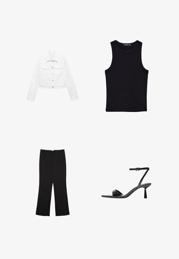 Hvid denimjakke med lange ærmer, knaplukning foran og to brystlommer. Croppet design, glat tekstur, minimalistisch stil.; Sort tank top lavet af bomuld, med rund halsudskæring og brede armhuller. Glat tekstur med syede kanter. Klassisk, minimalistisk design.; Sorte bukser med lige pasform, der har frontlommer og slidser i kanten. Lavet af blødt, glat stof. Velegnet til forskellige anledninger.; Bershka Højhælede sandaletter / Højhælede sandaler - black