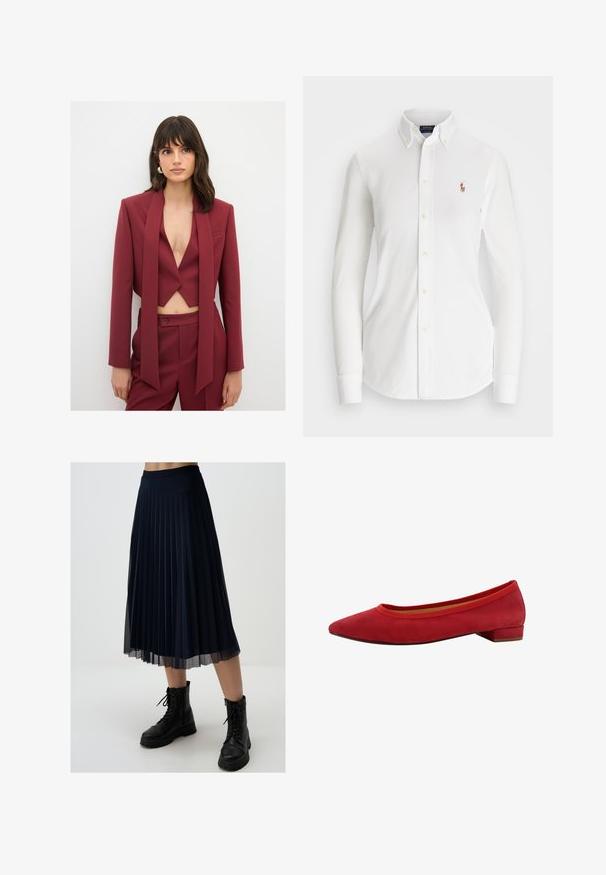 Ensemble de costume bordeaux comprenant un blazer court avec un décolleté profond et un long foulard drapé, ainsi que des pantalons taille haute avec fermeture à bouton.; Chemise blanche à manches longues avec col pointu, en coton. Présente un petit logo brodé sur la poitrine gauche.; Jupe plissée bleu marine en tissu léger, d'une longueur mi-mollet et avec une taille cintrée, portée avec des bottes de combat noires.; Ballerine en daim rouge avec un bout pointu, un petit talon bloc et un bord élastique autour de l'ouverture. Texture lisse avec un design élégant.