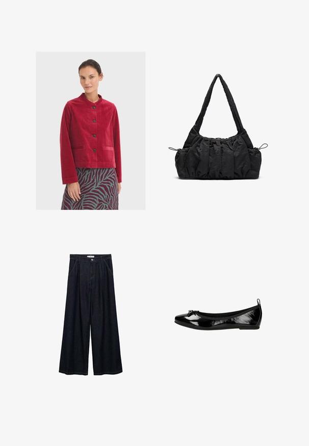 Rode corduroy jasje met een ronde halslijn, voorzien van zwarte knopen en twee zakken aan de voorkant, gedragen over een gestreepte rok.; Lichtbeige korte mouwen gebreid top met een bevestigde sjaaldetail die rond de halslijn hangt.; Donkerdenim wijde-broek met een hoge taille, voorzien van een sluiting met knoop aan de voorkant, twee zijzakken en stikdetails.; Zwarte lakleren ballerina's met een ronde neus en strikaccent. Voorzien van een flexibele zool en elastiek rond de opening voor comfort.; Zwarte stoffen handtas met gerimpelde textuur, twee schouderbanden en een trekkoordsluiting aan de zijkanten. Glad, lichtgewicht materiaal.