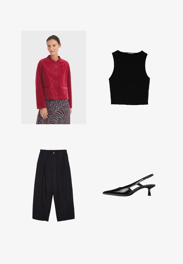Veste en velours côtelé rouge avec un col rond, agrémentée de boutons noirs et de deux poches avant, portée sur une jupe à motifs.; Top court sans manches noir en tissu lisse, avec un col rond et un design épuré, simple, sans motifs ni accessoires.; Pantalon culotte noir en polyester avec une taille élastique, deux plis avant et une silhouette ample. Pas de motifs visibles ni de détails matériels.; Escarpins slingback en cuir verni noir avec un bout pointu, un design découpé sur les côtés et un petit talon carré. Texture lisse avec des accents minimaux.