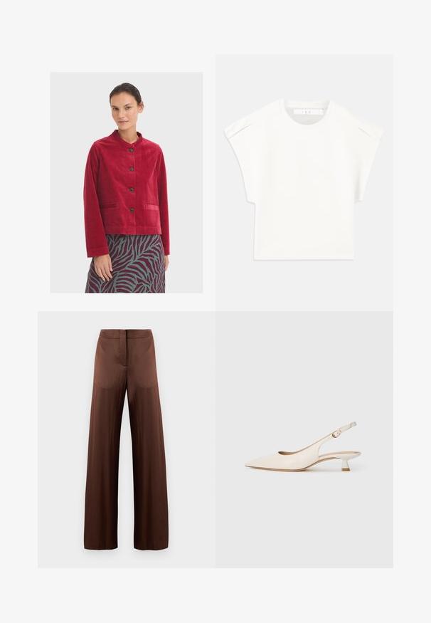 Veste en velours côtelé rouge avec un col rond, agrémentée de boutons noirs et de deux poches avant, portée sur une jupe à motifs.; T-shirt blanc rectangulaire à manches courtes. Fabriqué en tissu lisse, avec un col rond et des accents subtils aux épaules. Design simple.; Pantalons larges marron en tissu lisse et léger, dotés d'un devant plat, sans poches et d'une silhouette droite.; Chaussure slingback pointue de couleur crème avec petit talon et boucle dorée sur fond blanc uni.