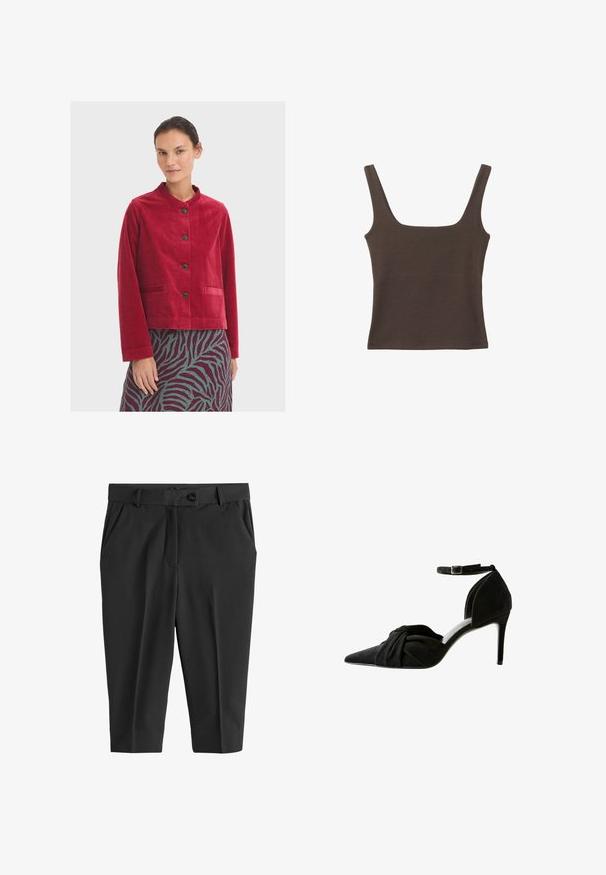 Röd manchesterjacka med rund halsringning, prydd med svarta knappar och två framfickor, bärs över en mönstrad kjol.; Brun ärmlös topp med fyrkantig halsringning, tillverkad av mjukt, elastiskt tyg. Har en figurnära design och plana sömmar.; Svarta skräddarsydda byxor med frontveck, knappstängning och sidfickor. Slät tyg med kort längd och en strömlinjeformad silhuett.; Svart mocka högklackad sko med spetsig tå, knuten detalj fram, ankelrem och en tunn stilettklack.