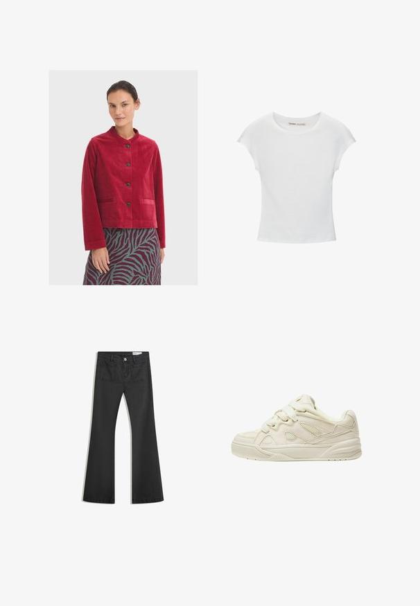 Crvena svalna jakna s okruglim izrezom, s crnim dugmadi i dva prednja džepa, nosi se preko suknje s uzorkom.; Bijela pamučna majica s okruglim izrezom, kratkim rukavima i prilagodljivim krojem. Glatka tekstura bez uzoraka ili ukrasa.; Crne široke traperice od denima s glatkom teksturom, s dva stražnja džepa i kopčanjem na dugme u struku.; Bež tenisice s teksturiranim gornjim dijelom, istaknutim vezicama, mrežastim panelima i debelim potplatom. Zakrivljeni dizajn s podstavljenim izrezom za udobnost.
