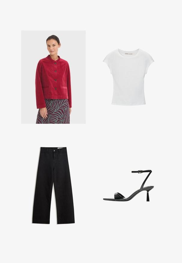 Rode corduroy jasje met een ronde halslijn, voorzien van zwarte knopen en twee zakken aan de voorkant, gedragen over een gestreepte rok.; Witte katoenen T-shirt met een ronde hals, korte mouwen en een getailleerd ontwerp. Soepele textuur zonder patronen of versieringen.; Zwarte denim broek met wijde pijpen en een hoge taille, voorzien van voor- en achterzakken, gestikte naden en een knoopsluiting. Gladde textuur.; Bershka Sandalen met hoge hak - black