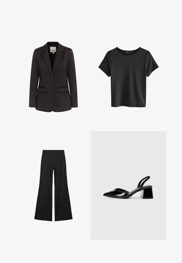 Mustat bleiserit, jotka on tehty sileästä kankaasta, joissa on viisteet, kaksi etutaskua, yksinäinen napitus ja säilynyt istuvuus.; Mustat lyhythihaiset t-paidat pyöreällä kaula-aukolla. Valmistettu pehmeästä kankaasta, jossa on sileä pinta ja yksinkertainen, minimalistinen muotoilu.; Mustat leveälahkeiset housut, joissa on sileä pinta, etupuolella laskokset ja muotolaskettu malli. Kangas on kevyttä ja laskeutuvaa.; Mustat patentoitu nahkakengät, joissa on säären takaosa ja terävä kärki, sekä geometrinen palikkakorko. Sisältää tyylikkään, minimalistisen muotoilun ja sileän pinnan.