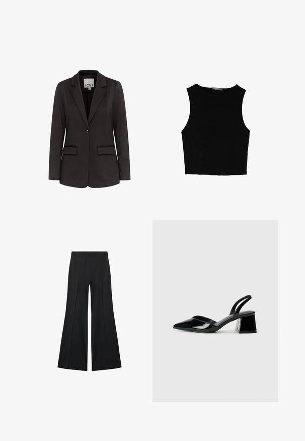 Črni blazer iz gladkega blaga z zarezanim ovratnikom, dvema sprednjima žepoma, zapiranjem na en gumb in prilegajočim krojem.; Črn brez rokavov crop top, izdelan iz gladkega materiala, z okroglim izrezom in čistim, preprostim dizajnom brez vzorcev ali dodatkov.; Črne široke hlače z gladko teksturo, ki imajo sprednje nabore in kroj po meri. Tkanina je lahka in zračna.; Črne lakirane slingback pete s koničastim nosom in geometrijsko blokasto peto. Imajo eleganten, minimalističen dizajn in gladko teksturo.