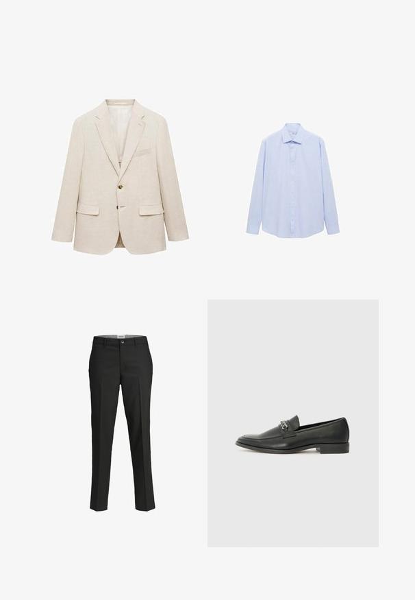 Mango Giacca elegante - beige; Camicia azzurra a maniche lunghe realizzata in tessuto intrecciato, con colletto classico e chiusura anteriore con bottoni, taglio dritto e senza fantasie.; Pantaloni neri, vestibilità sartoriale, tessuto liscio, vita media, chiusura con bottone frontale, tasche diagonali e dettagli di piega lungo le gambe.; Mocassino in pelle nera con finitura liscia, caratterizzato da un design cucito e da un accento decorativo in catena metallica sul vamp. Tacco piatto.