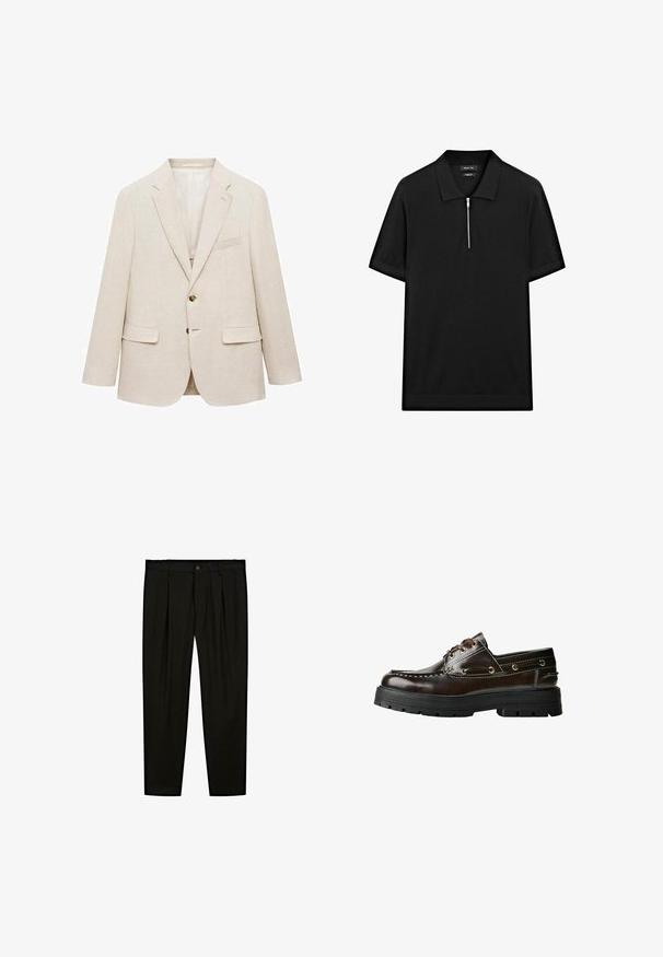 Mango AMALFI beżowy; Czarna koszulka polo z krótkim rękawem, z kołnierzykiem stójkowym i zamkiem błyskawicznym z przodu. Wykonana z gładkiego materiału o czystym, minimalistycznym designie.; Czarne dopasowane spodnie wykonane z gładkiego materiału. Cechy to płaski przód, szerokie nogawki i zapięcie na guzik w pasie.; Brązowe skórzane buty żeglarskie z gumową podeszwą, z detalami w postaci przeszyć, metalowymi oczkami oraz sznurowanym designem. Masywna, lekka konstrukcja.