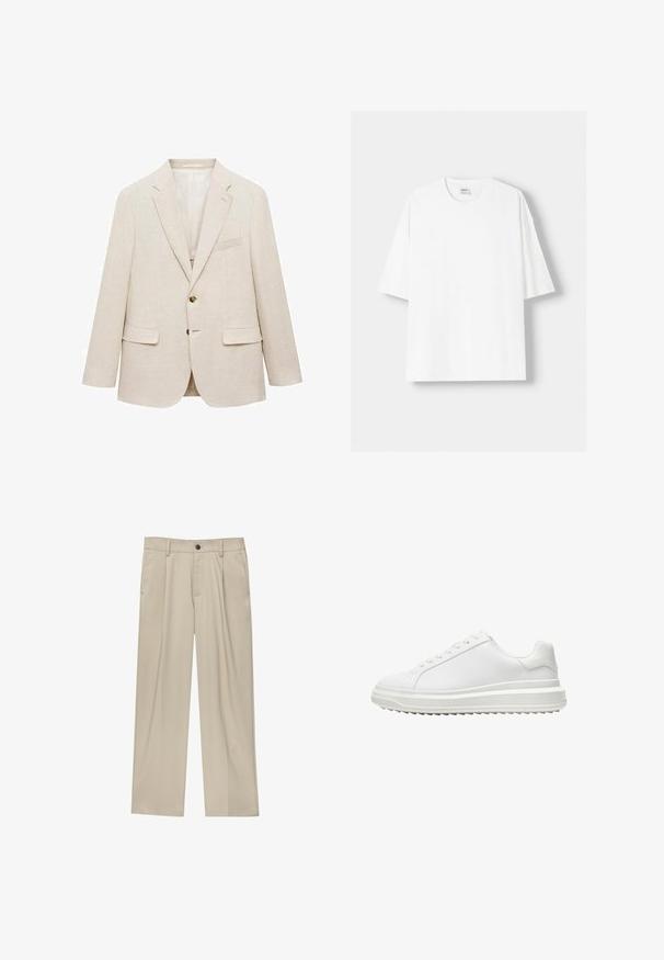 Mango Sako - beige; Bijela kratkodlana majica s kratkim rukavima, izrađena od pamuka, s okruglim izrezom i opuštenim krojem. Gladak materijal, bez vidljivih uzoraka ili akcenta.; Bež hlače ravnog kroja s jednim crnim gumbom, petljama za remen i bočnim džepovima. Glatka tekstura tkanine i minimalistički dizajn.; Bijela tenisica s glatkim sintetičkim gornjim dijelom, okruglim vrhom, ravnim vezicama, teksturiranim potplatom i složenim, platformastim dizajnom za dodatnu visinu.