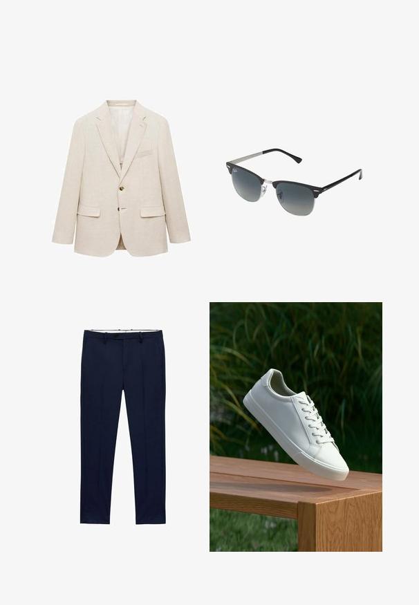 Mango Giacca elegante - beige; T-shirt bianchi a maniche corte impilati, realizzati in cotone. Presentano un collo rotondo e un taglio dritto. Il tessuto appare liscio senza pattern.; Pantaloni blu navy con vestibilità slim e motivo a righe sottili. Presentano una chiusura con zip, passanti per cintura e tasche frontali. Tessuto dalla texture liscia.; Sneaker bianco con lacci sospeso sopra una panchina di legno, con fogliame verde sullo sfondo, che mette in mostra il design e la texture della scarpa.; Occhiali da sole neri e argento con forma a occhio di gatto, lenti sfumate e dettagli metallici sulla montatura. Aste in plastica con punte grigie.