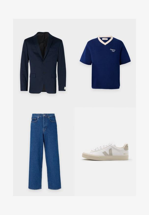 Sötétkék zakó sima anyagból, egysoros kivitel két gombbal, lehajtható gallérral, két elülső zsebbel és diszkrét címkével a mandzsettán.; Tengerészkék, rövid ujjú kötött póló krém színű V-nyakú díszítéssel és "Originals Club" hímzéssel a bal mellen.; Bő szárú kék farmernadrág, magas derékkal, öt zsebes kialakítással és kontrasztos varrással az oldalvarratoknál és a zsebeknél.; Fehér bőr sneaker bézs kiegészítőkkel, lapos gumi talppal, kerek orral és kontrasztos logóval az oldalon és hátul. Fűzős kivitel.