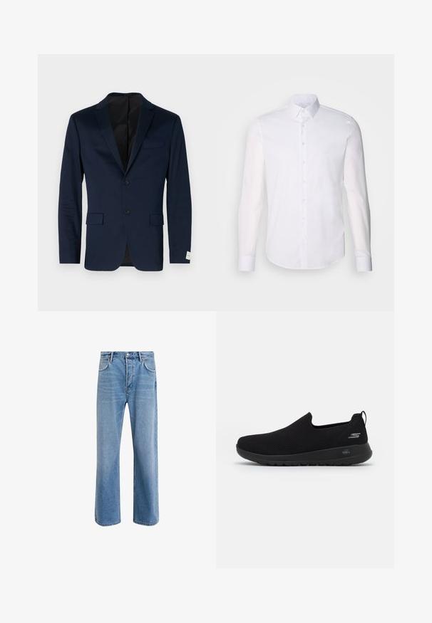 Tumesinine bleiser, mis on valmistatud siledast kangast, ühe nööbiga disain, kahe nööbiga, sälk-lapid, kaks esist pockets ja diskreetne etikett varrukal.; Valge pikkade varrukatega nööpidega särk, mis on valmistatud puuvillast, klassikalise krae, eest nööpide ja minimaalsete õmblusdetailidega.; Heledad sinine teksapüksid otse lõikega, viie taskuga, nupuga sulgemine, minimaalne kulumine ja kontrastsed õmbluse detailid.; Mustad musta libisemisega sneaker, millel on hingav võrkkate, ümar varvas ja pehmendatud kummist tald. Külgedel on logo.