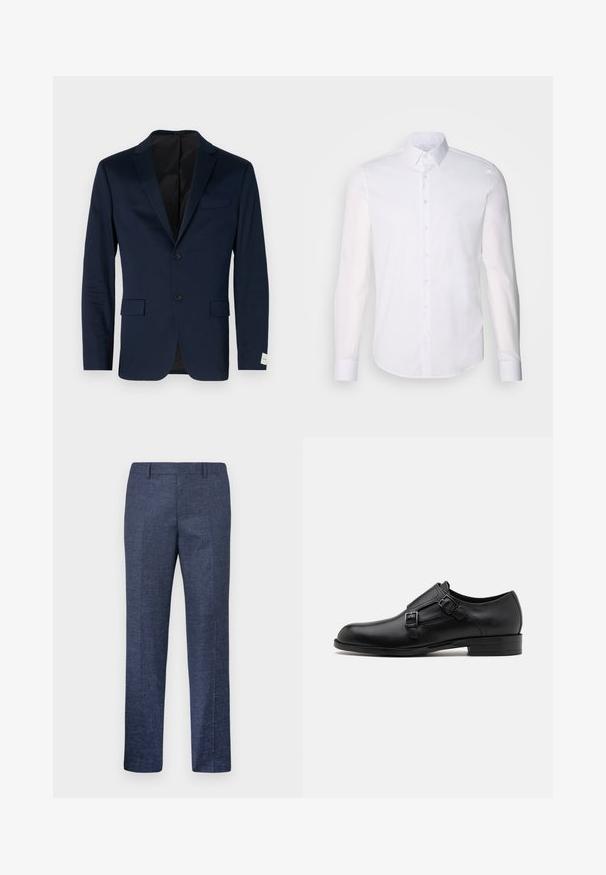 Námornícky modrý blazer vyrobený z hladkej tkaniny, jednonáprsový dizajn s dvoma gombíkmi, klopové reverzné lemy, dve predné vrecká a decentná nášivka na rukáve.; Biela košeľa s dlhým rukávom, vyrobená z bavlny, s klasickým golierom, prednými gombíkmi a minimálnym prešívaním.; Námornícke modré nohavice vyrobené z textúrovanej látky, s rovnými nohavicami, plochým predkom a dvoma bočnými vreckami. Žiadne viditeľné vzory ani akcenty.; Čierne kožené spoločenské topánky s dvojitými prackami, elegantným siluetou a okrúhlou špičkou. Majú nízky opätok a hladký povrch.