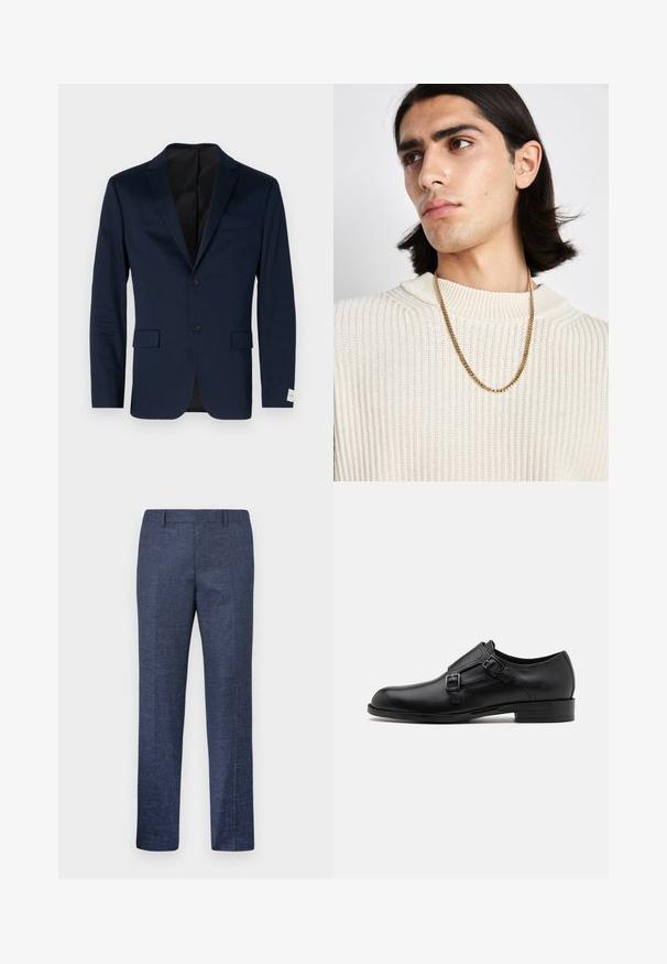 Donkerblauwe blazer gemaakt van gladde stof, met een enkelvoudige sluiting en twee knopen, notch revers, twee voorkeeltasjes en een subtiel label op de manchette.; Witte lange mouwen overhemd met knopen, gemaakt van katoen, voorzien van een klassieke kraag, voorkant met knopen en minimale stikdetails.; Navyblauwe broek van een gestructureerde stof, met rechte pijpen, een vlakke voorkant en twee zijzakken. Geen zichtbare patronen of accenten.; Zwarte leren dresschoen met dubbele gespen, slank silhouet en ronde neus. Kenmerkt zich door een lage hak en een gladde textuur.; Gouden kettinghalsketting gedragen boven een crème geribbelde gebreide trui; zachte textuur met een hoge kraag en een subtiel patroon in de stof.