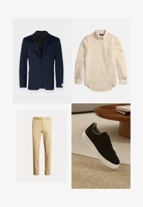 Tumši zils bleizers, izgatavots no gludas auduma, ar vienas rindas pogām, divām pogām, kādu diega sprauža, divām priekšējām kabatām un diskrētu etiķeti uz piedurknes.; Bēšas krāsas garā piedurkņu pogājama krekls ar baltām vertikālām svītrām, krekla apkakli ar pogām, krūšu kabatu un “Polo Ralph Lauren” etiķeti apkakles iekšpusē.; Khaki chinos, kas izgatavoti no gludas kokvilnas auduma, ar pieguļošu dizainu, priekšējām krokām un elastīgiem galiem pie potītēm, nodrošinot sašaurinātu izskatu.; Melni sporta apavi ar baltu zoli, kas peld virs bēša tekstūrēta paklāja netālu no apaļa koka galda ar sakrautiem grāmatām.