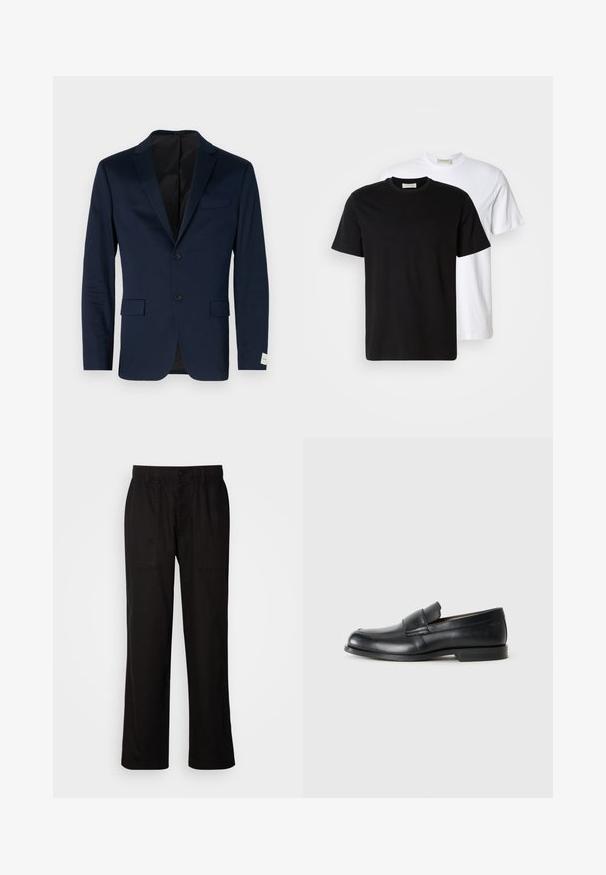 Navy blue blazer made of smooth fabric, single-breasted design with two buttons, notch lapels, two front pockets, and a subtle label on cuff.; Two plain cotton T-shirts, one black placed in front of a white one, both with short sleeves and round necklines.; Black pants with a relaxed fit, made from lightweight fabric. Features an elastic waistband, button closure, and two front pockets.; Black leather loafers with a rounded toe, stitched detailing, and a flat rubber sole. Features a broad band across the instep.