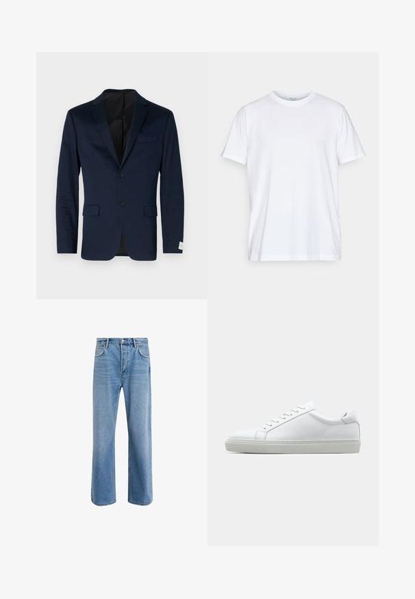 Tumesinine bleiser, mis on valmistatud siledast kangast, ühe nööbiga disain, kahe nööbiga, sälk-lapid, kaks esist pockets ja diskreetne etikett varrukal.; Valge puuvillane T-särk lühikeste varrukatega, ümmarguse kaelusega ja mugava lõikega. Omab minimalistlikku disaini, ilma mustrite või aktsentideta.; Heledad sinine teksapüksid otse lõikega, viie taskuga, nupuga sulgemine, minimaalne kulumine ja kontrastsed õmbluse detailid.; Valge tennisetoss, millel on sile nahk pealis ja madal profiil. Omab ümarat ninaosa, kuut silmust ja tekstuuriga kummist talda.